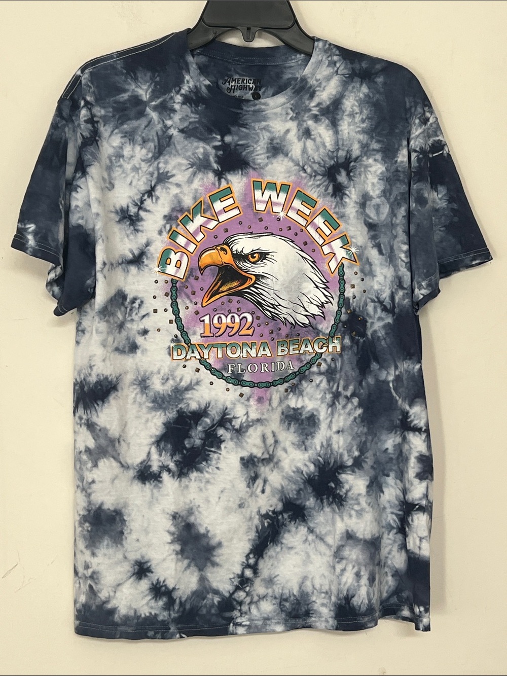 🌞 American Highway NWT Bike Week Daytona Beach 1992 Eagle Tie-Dye Tee men soze L